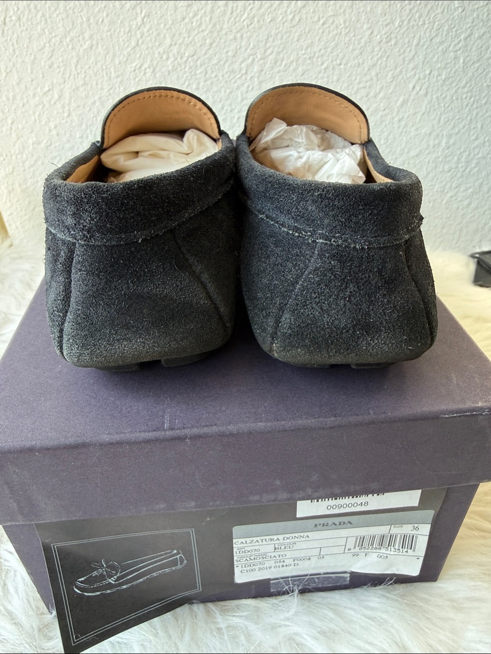 Prada Dark Navy Suede Women's Slip-On Loafers with Gold Logo - Picture 10 of 11